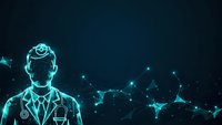 Digital healthcare professional silhouette with glowing cyan network connections and data points on dark background for medical technology concepts.