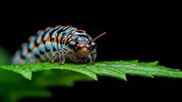Colorful millipede with orange and blue stripes crawling on bright green leaf against dark background, macro photography showing intricate details and textures.