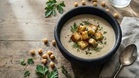 Creamy chickpea soup with roasted chickpeas and fresh herbs in black bowl on rustic wooden table, healthy vegetarian comfort food for cooking blogs.