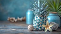 Painted blue pineapple with plumeria flower, decorative balls and turquoise jars on rustic wooden table against blurred teal background. Tropical spa concept.