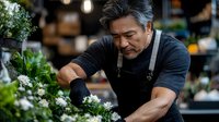 Middle-aged Asian male florist arranging white flowers in modern flower shop. Professional craftsman working with fresh blooms in bright retail space.