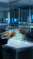 Two professionals interact with holographic data visualization displaying structural integrity analytics in modern tech office environment with digital screens.