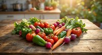 Fresh organic vegetables arranged in heart shape on rustic wooden table in bright kitchen. Healthy eating, farm to table cooking concept.
