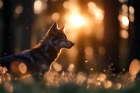 Silhouette of German Shepherd dog in profile against golden sunset light with bokeh effect and sparkling particles in grass during magic hour.