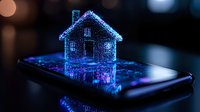 Glowing blue holographic house projection emerging from smartphone screen with bokeh background, futuristic smart home technology concept.
