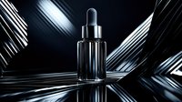 Luxury glass dropper bottle with dark dramatic lighting and dynamic light streaks on black background, cosmetic product photography for premium skincare advertising.