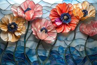 Stained glass style poppies in coral, orange and beige tones against mosaic blue background, artistic floral composition with textured geometric pattern.