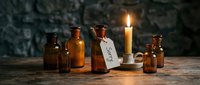 Amber glass apothecary bottles and a burning candle on a rustic wooden table, with a sorry tag, evoking vintage mystery and moody atmosphere.