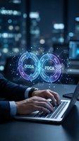 Businessman typing on laptop with holographic OODA and PDCA cycle diagrams floating above keyboard in modern office with blurred city skyline, representing data analysis and business strategy.