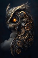 Steampunk owl with mechanical gears and glowing amber eye against dark cloudy background, featuring intricate bronze clockwork details and soft feathers.