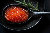 Fresh red caviar in black ceramic spoon with rosemary twig on dark background, luxury appetizer close up view for gourmet food service.