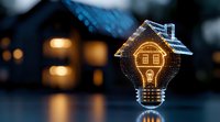 Creative light bulb with glowing house silhouette inside, illuminated against dark background with bokeh lights, representing smart home innovation and energy solutions.