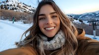 Young woman taking winter selfie with bright smile wearing knit scarf and coat against snowy mountain landscape background during sunset outdoor adventure.