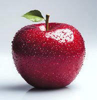 Fresh red apple with water droplets and green leaf on light background, macro photography showing texture and natural moisture for food advertising.