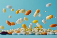 Floating pharmaceutical pills and capsules in orange, yellow and white colors against blue background, dynamic composition with motion effect.
