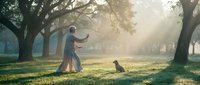 Elderly Asian man practicing tai chi in misty park at sunrise, with a calm dog sitting nearby among sunlit trees on green grass.