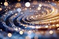 Abstract golden wave with sparkling bokeh lights and glowing particles creating magical flowing motion against dark blue background for luxury designs.
