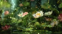 Delicate water lilies bloom in mystical pond, surrounded by ethereal bokeh light particles creating magical atmosphere in tranquil nature setting.