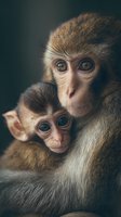 Tender monkey mother embracing baby infant in protective maternal bond showing primate family love and care against dark moody background for wildlife concepts.