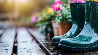 Green rubber rain boots with water drops on wooden deck near pink flowers in terracotta pot, garden lifestyle composition with soft bokeh background.