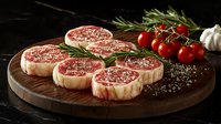 Raw ribeye steaks seasoned with salt and pepper on wooden cutting board with fresh rosemary sprigs, cherry tomatoes and garlic cloves in dark moody setting.