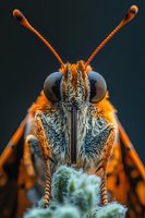 Extreme macro photography of orange and black bee face showing detailed compound eyes, antennae, and facial features against dark background. Pollinator on green plant.