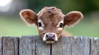 Young brown and white calf peering over wooden fence in pasture. Livestock farming, agriculture, and rural life concepts for editorial and commercial use.