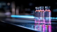 Glass bottles with pink liquid on laptop keyboard illuminated by neon lights creating futuristic cyberpunk atmosphere with reflective surface and bokeh effect.