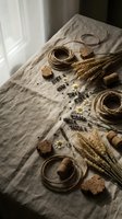 Rustic flat lay with natural jute rope, dried wheat stalks, lavender sprigs and chamomile flowers on linen fabric for crafting and home decor projects.