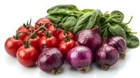 Fresh red tomatoes on vine, purple onions and raw spinach leaves arranged on white background, healthy Mediterranean ingredients for cooking and salads.