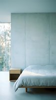 Minimalist bedroom interior with concrete accent wall, wooden platform bed, and natural light from large window, suitable for modern home design and interior decoration projects.
