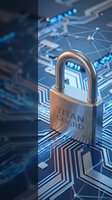 Cybersecurity padlock on futuristic circuit board with glowing connections representing digital data protection and network security technology.