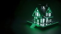 Modern smart home with green neon lighting effects on dark background. Futuristic residential building concept for technology and automation presentations.