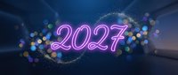 Pink neon 2027 number glowing against dark blue background with sparkling bokeh lights and starburst rays for New Year celebration design.