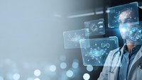 Doctor using futuristic holographic medical technology interface with digital health data displays and virtual screens for modern healthcare innovation.