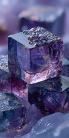 Purple fluorite crystal cubes with raw mineral texture on top, showcasing natural geometric formation in vibrant violet hues against blurred background.
