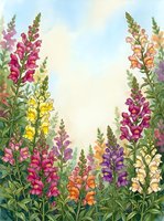 Watercolor snapdragon garden border with colorful pink, yellow, purple and orange blooms framing a soft sky background with copy space.
