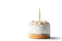 Single serving cheesecake topped with whipped cream, golden crumbs and striped birthday candle on white background, minimalist dessert photography.