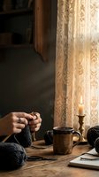 Cozy knitting scene with hands crafting dark yarn, ceramic mug and candle on wooden table creating warm atmospheric home interior for relaxation and handmade hobbies.