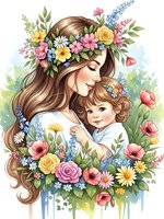 Mother and child embracing surrounded by spring flowers and floral crown in watercolor style for Mother's Day cards and family celebration designs.