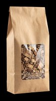 Kraft paper bag with window display showing wood chips isolated on transparent background, ready for packaging design, product mockups, e-commerce graphics, and print-on-demand applications.