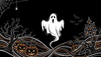 Spooky Halloween ghost floating above carved pumpkins with haunted house, bats and spider web on black background for seasonal decorations and party designs.