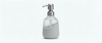 Modern gray soap dispenser bottle with pump isolated on white background for bathroom and kitchen design projects.