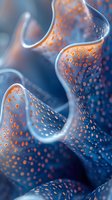 Abstract macro photography of curved translucent surface with orange water droplets on blue background creating dynamic pattern and texture for creative design projects.
