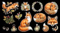 Cute fox clipart set isolated on transparent background, featuring woodland foxes, floral wreath, lantern, paw prints, perfect for stickers, t-shirt design, and print on demand.