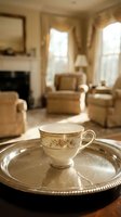 Vintage teacup with floral pattern on silver tray in elegant living room with upholstered furniture, fireplace and natural light from windows. Interior design and home decor.
