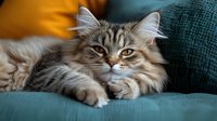 Fluffy long-haired tabby cat with amber eyes relaxing on teal couch, displaying content expression and soft fur in warm ambient lighting.