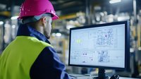 Caucasian male engineer in safety vest and hard hat analyzing industrial blueprint schematics on computer monitor in manufacturing facility control room.