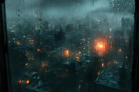 Rainy cityscape view through window with water droplets, glowing lights of urban buildings visible in stormy weather at dusk.