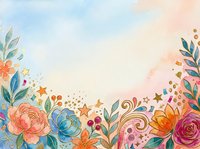 Watercolor floral border with blooming roses, peonies, and wildflowers in coral, blue, and pink tones, adorned with golden stars and swirls. Isolated design element for invitations, greeting cards, and creative projects.